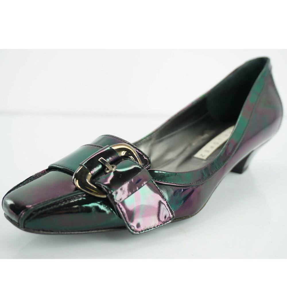 Pura Lopez Oily black patent Buckle Toe pumps Size 39 New Square Toe